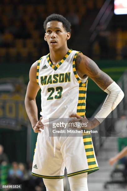 Javon Greene of the George Mason Patriots looks on during a college basketball tournament against the Cal State Northridge Matadors at the Eagle Bank...