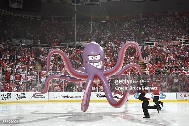 General view of the giant inflated Octopus on the ice taken before the Game Seven of the 2009 NHL Stanley Cup Finals between the Pittsburgh Penguins...