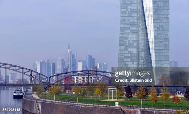 The new Headquarter of European Central Bank in Frankfurt, the financial district in the background