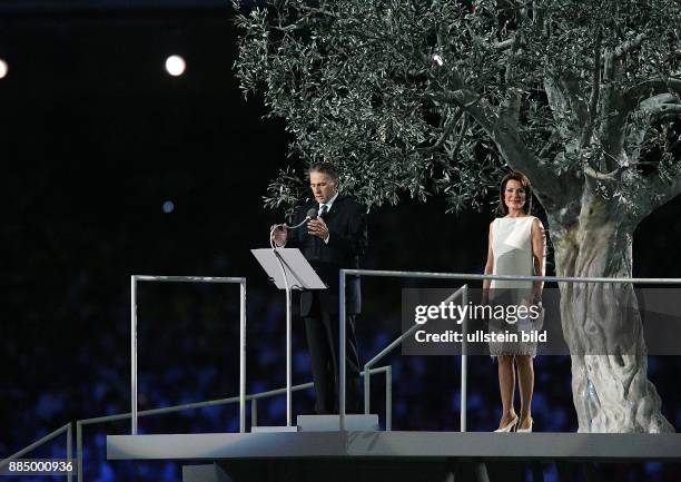 Griechenland, Athen Olympische Spiele 2004, Eröffnungsfeier Rede von Jacques Rogge , daneben Gianna Angelopoulos-Daskalaki