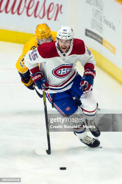 Joe Morrow of the Montreal Canadiens skates against the Nashville Predators during an NHL game at Bridgestone Arena on November 22, 2017 in...