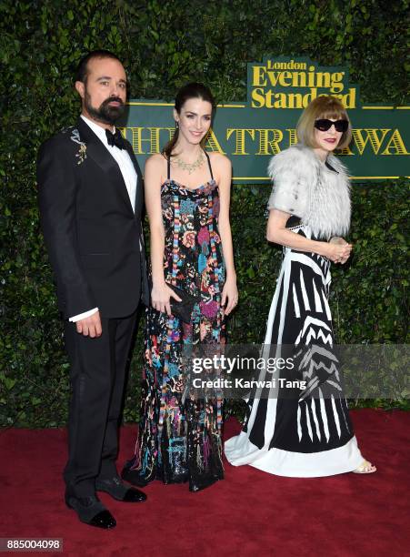 Evgney Lebedev, Bee Shaffer and Anna Wintour attend the London Evening Standard Theatre Awards at Theatre Royal on December 3, 2017 in London,...