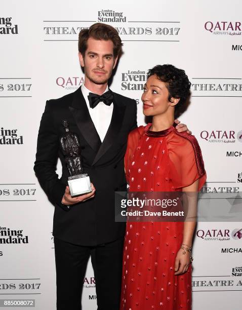 Andrew Garfield and Ruth Negga pose at the London Evening Standard Theatre Awards 2017 at the Theatre Royal, Drury Lane, on December 3, 2017 in...