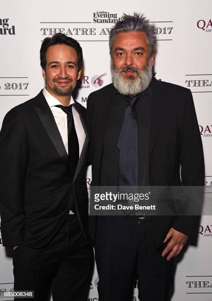 Lin-Manuel Miranda and Jez Butterworth pose at the London Evening Standard Theatre Awards 2017 at the Theatre Royal, Drury Lane, on December 3, 2017...