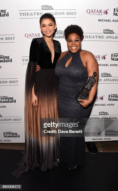 Zendaya and Amber Riley pose at the London Evening Standard Theatre Awards 2017 at the Theatre Royal, Drury Lane, on December 3, 2017 in London,...