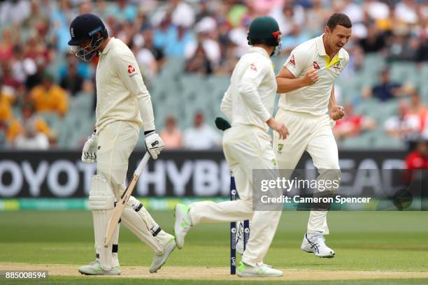 Josh Hazlewood of Australia celebrates after taking the wicket of James Vince of England during day three of the Second Test match during the 2017/18...