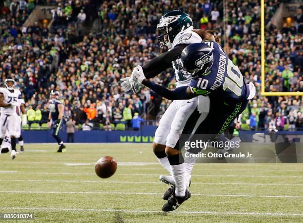 Cornerback Ronald Darby of the Philadelphia Eagles breaks up an end zone pass to wide receiver Doug Baldwin of the Seattle Seahawks in the first...