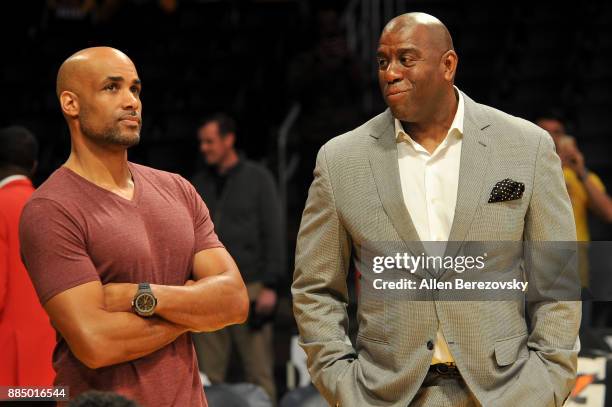 Actor Boris Kodjoe and Magic Johnson attend a basketball game between the Los Angeles Lakers and the Houston Rockets at Staples Center on December 3,...