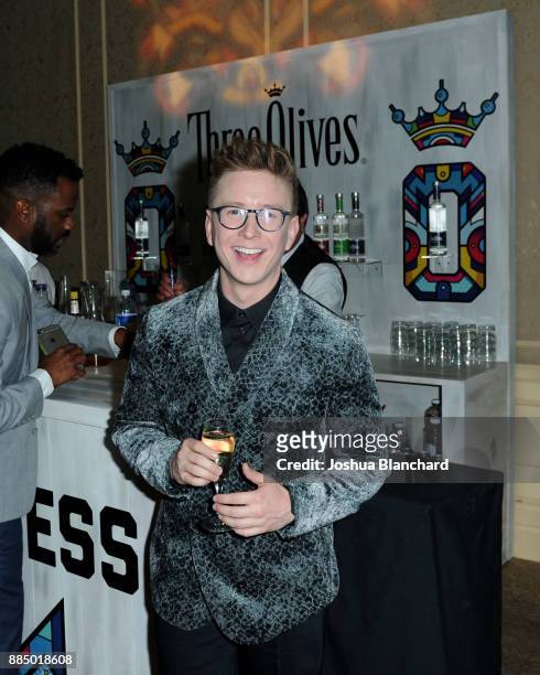 Tyler Oakley toasts with Three Olives Vodka in support of The Trevor Project at TrevorLIVE Gala at The Beverly Hilton Hotel on December 3, 2017 in...
