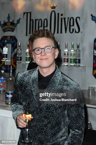 Tyler Oakley toasts with Three Olives Vodka in support of The Trevor Project at TrevorLIVE Gala at The Beverly Hilton Hotel on December 3, 2017 in...