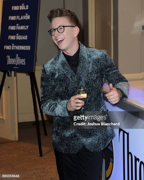 Tyler Oakley toasts with Three Olives Vodka in support of The Trevor Project at TrevorLIVE Gala at The Beverly Hilton Hotel on December 3, 2017 in...