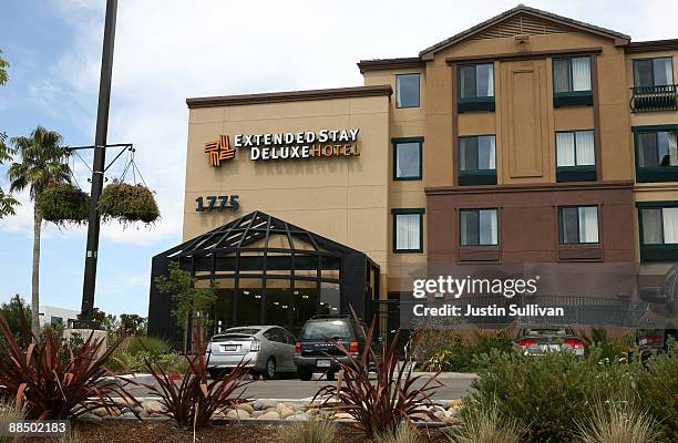 The logo for the Extended Stay hotel is on display of one of its hotels on June 15, 2009 in San Rafael, California. Struggling hotel chain, Extended...