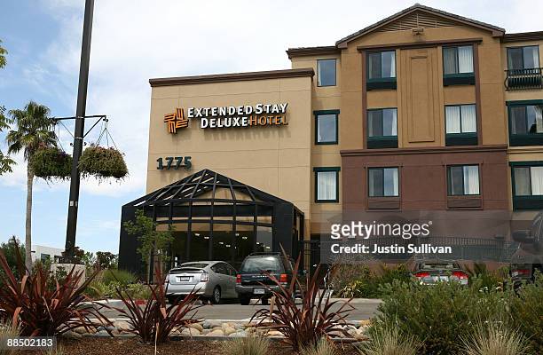 The logo for the Extended Stay hotel is on display of one of its hotels on June 15, 2009 in San Rafael, California. Struggling hotel chain, Extended...