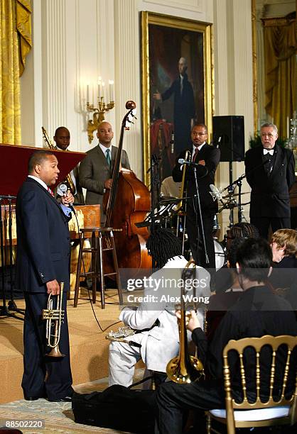 Jazz musicians Wynton Marsalis speaks as Branford Marsalis, Eric Revis, Delfeayo Marsalis, and Paquito D'Rivera look on during a classroom session at...