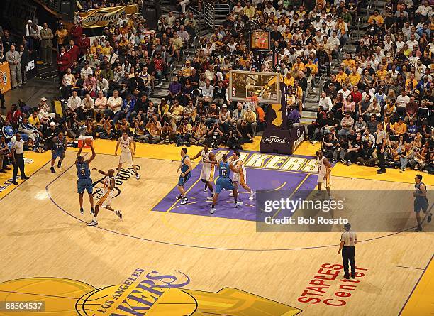 Finals: Aerial view of Orlando Magic Rashard Lewis in action, three point shot vs Los Angeles Lakers Lamar Odom . Game 2. Los Angeles, CA 6/7/2009...