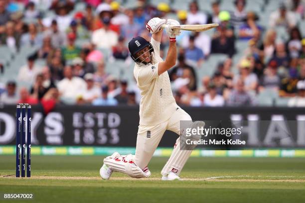 Joe Root of England edges a ball and is dismissed by Pat Cummins of Australia during day three of the Second Test match during the 2017/18 Ashes...