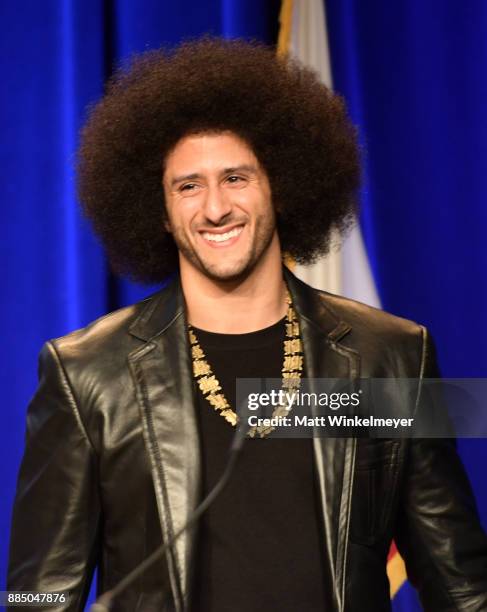 Honoree Colin Kaepernick speaks onstage at ACLU SoCal Hosts Annual Bill of Rights Dinner at the Beverly Wilshire Four Seasons Hotel on December 3,...