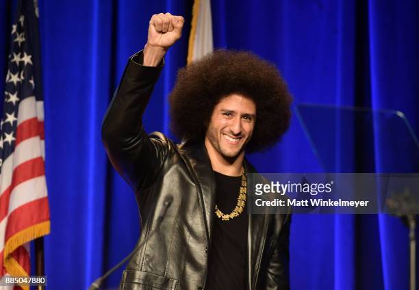 Honoree Colin Kaepernick speaks onstage at ACLU SoCal Hosts Annual Bill of Rights Dinner at the Beverly Wilshire Four Seasons Hotel on December 3,...