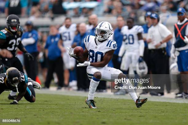 Wide Receiver Chester Rogers of the Indianapolis Colts makes a catch during the game against the Jacksonville Jaguars at EverBank Field on December...