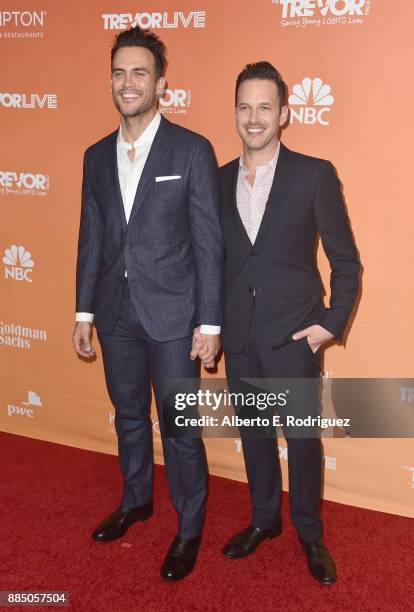 Cheyenne Jackson and Jason Landau attend The Trevor Project's 2017 TrevorLIVE LA on December 3, 2017 in Beverly Hills, California.