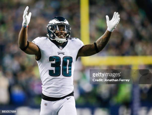 Running back Corey Clement of the Philadelphia Eagles reacts to the touchdown by Nelson Agholor in the fourth quarter against the Seattle Seahawks at...