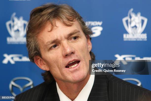 Dean Laidley announces that he is standing down as coach of the North Melbourne Kangaroos AFL Club during a press conference at Arden Street on June...