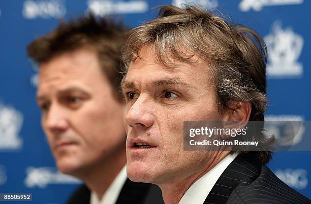 North Melbourne President James Brayshaw and coach Dean Laidley speak to the media as Dean Laidley announces that he is standing down as coach of the...