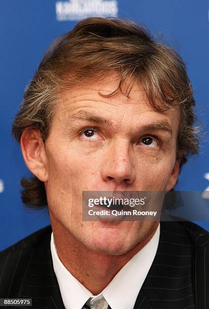 Dean Laidley announces that he is standing down as coach of the North Melbourne Kangaroos AFL Club during a press conference at Arden Street on June...