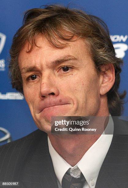 Dean Laidley announces that he is standing down as coach of the North Melbourne Kangaroos AFL Club during a press conference at Arden Street on June...