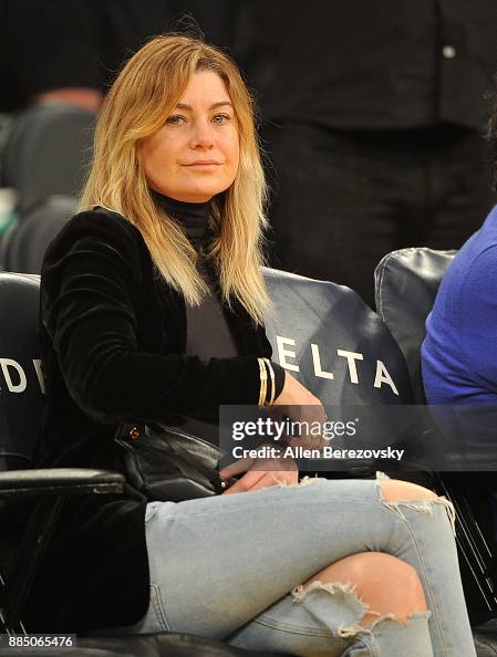Actress Ellen Pompeo attends a basketball game between the Los... News ...