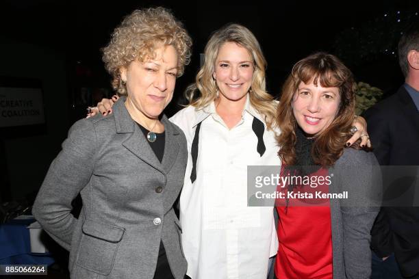 Susan Margon, Cat Greenleaf and Creative Coalition CEO Robin Bronk attend The Creative Coalition/Novocure Voices Of Impact Dinner at Carolines On...