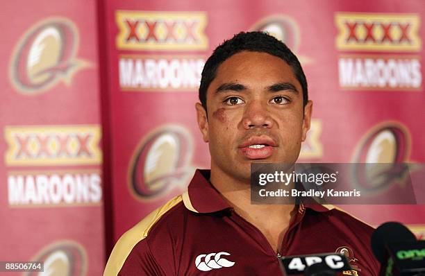 Willie Tonga talks to the media during the Queensland Maroons State of Origin team announcement at Royal On The Park on June 16, 2009 in Brisbane,...