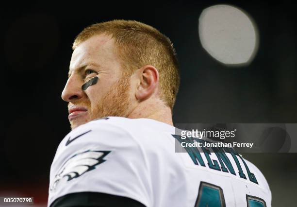 Quarterback Carson Wentz of the Philadelphia Eagles reacts on the sidelines in the fourth quarter against the Seattle Seahawks at CenturyLink Field...
