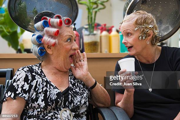 two older woman gossiping at hair salon - scandal bildbanksfoton och bilder