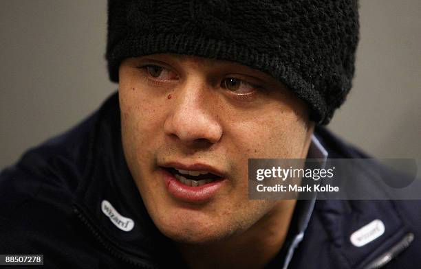 Jarryd Hayne speaks to the media during the NSW Blues Origin Media Call at Sydney Football Stadium on June 16, 2009 in Sydney, Australia.