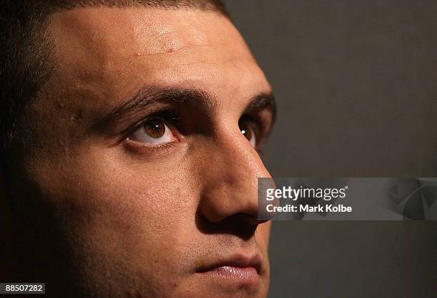 Robbie Farah listens to questions as he speaks to the media during the NSW Blues Origin Media Call at Sydney Football Stadium on June 16, 2009 in...