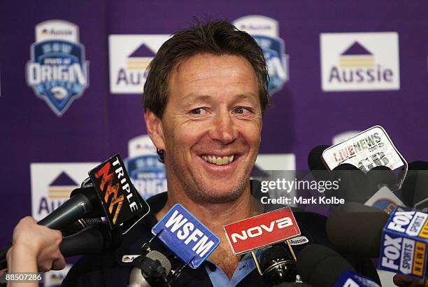 Blues coach Craig Bellamy laughs during an interview at the NSW Blues Origin Media Call at Sydney Football Stadium on June 16, 2009 in Sydney,...