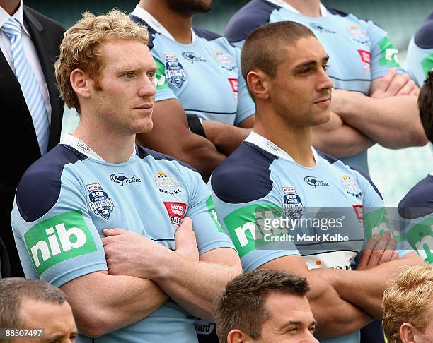 Shadow players Joel Monaghan and Tom Learoyd-Lahrs pose for the official team photo during a New South Wales Blues State of Origin media call at...