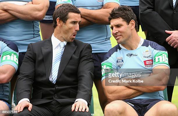 Assistant coach Andrew Johns and Trent Barrett wait for the official team photo to be taken during a New South Wales Blues State of Origin media call...