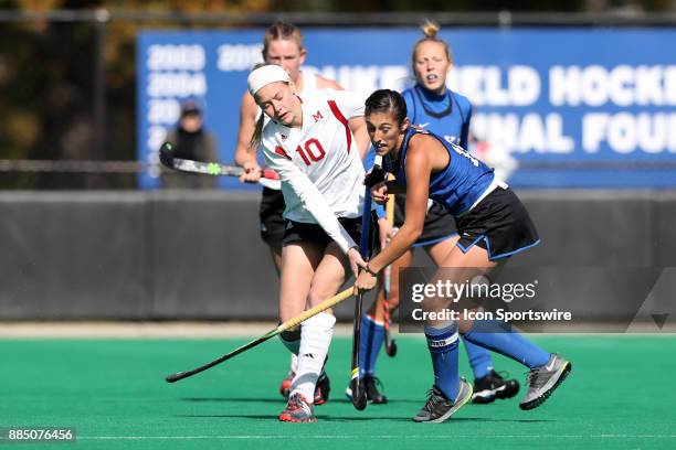 Miami's Allie Grace Joyner and Duke's Alexa Mackintire during the Duke Blue Devils game versus the Miami University Redhawks in the First Round of...