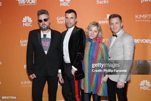 Branden Campbell, Tyler Glenn, Elaine Bradley and Chris Allen of Neon Trees attend The Trevor Project's 2017 TrevorLIVE LA Gala at The Beverly Hilton...