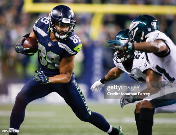 Wide receiver Doug Baldwin of the Seattle Seahawks makes a reception against the Philadelphia Eagles at CenturyLink Field on December 3, 2017 in...