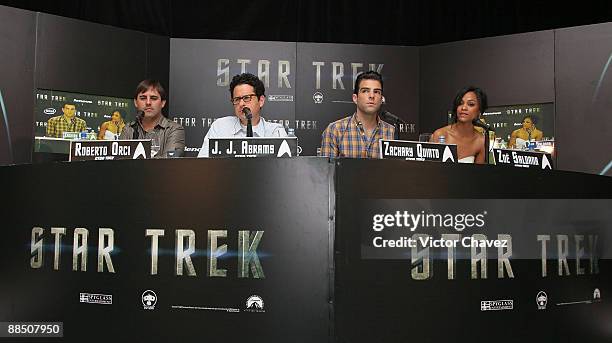 Writer Roberto Orci, director J.J. Abrams, actor Zachary Quinto and actress Zoe Saldana and attend the "Star Trek" press conference at the Four...