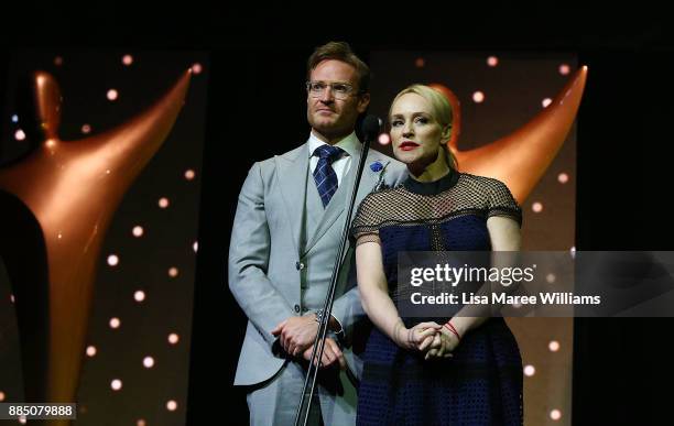 Susie Porter and Josh Lawson present on stage during the 7th AACTA Awards Presented by Foxtel | Industry Luncheon at The Star on December 4, 2017 in...