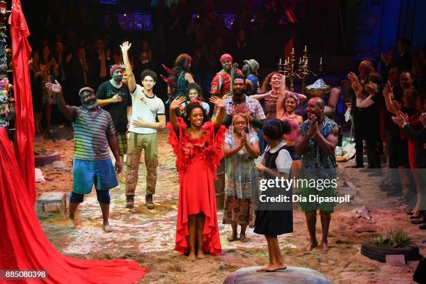 The cast of "Once On This Island" take their curtain call during the Broadway Opening Night at Circle in the Square Theatre on December 3, 2017 in...