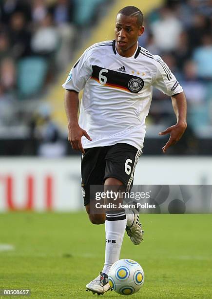 Dennis Aogo of Germany controls the ball during the UEFA U21 Championship Group B match between Spain and Germany at the Gamla Ullevi Stadium on June...