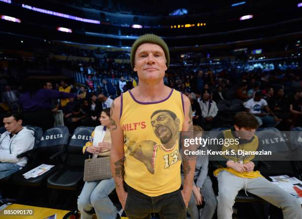 Musician Flea attends a basketball game between the Houston Rockets and Los Angeles Lakers basketball game at Staples Center December 3, 2017 in Los...