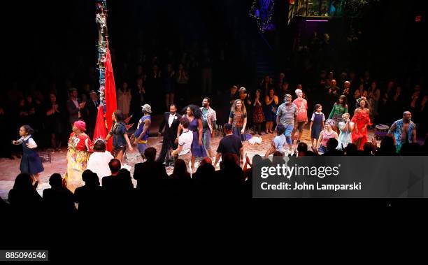 The cast of "Once On This Island" are seen during the curtain call during the Broadway opening night at Circle in the Square Theatre on December 3,...