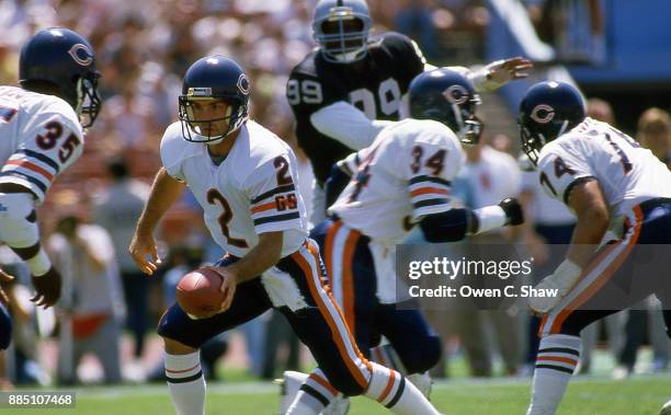 Doug Flutie of the Chicago bEars hands off against the Los Angeles Raiders at the Coliseum circa 1987 in Los Angeles,California on December 27th 1987.