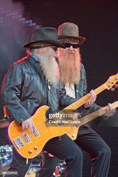 Dusty Hill and Billy Gibbons of ZZ Top perform on the main stage on day 3 of the Download Festival at Donington Park on June 14, 2009 in Donington,...